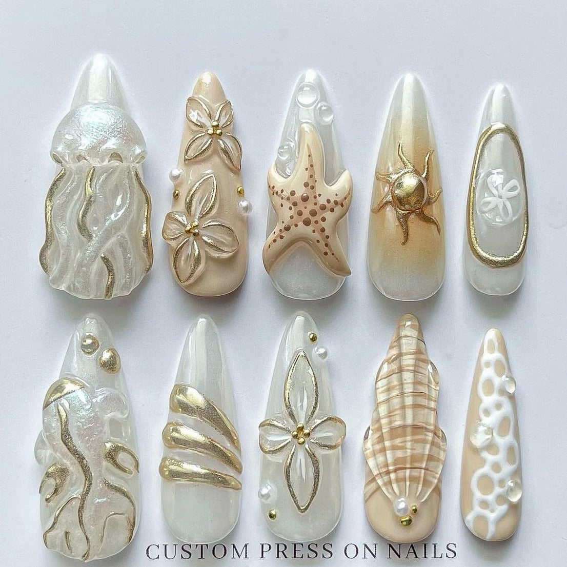 N19: Press On Nails: Pearl Gold Drip. Size XS (10 Pcs) - With 12pcs FREE glue stickers.
