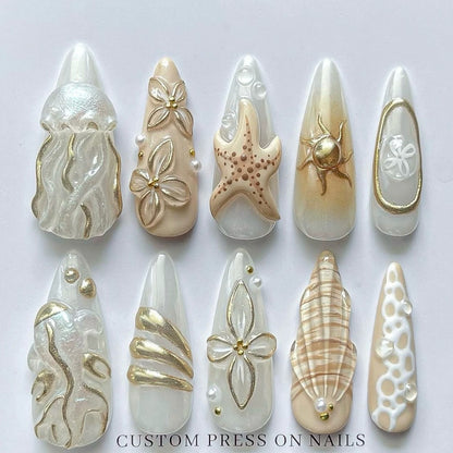 N19: Press On Nails: Pearl Gold Drip. Size XS (10 Pcs) - With 12pcs FREE glue stickers.