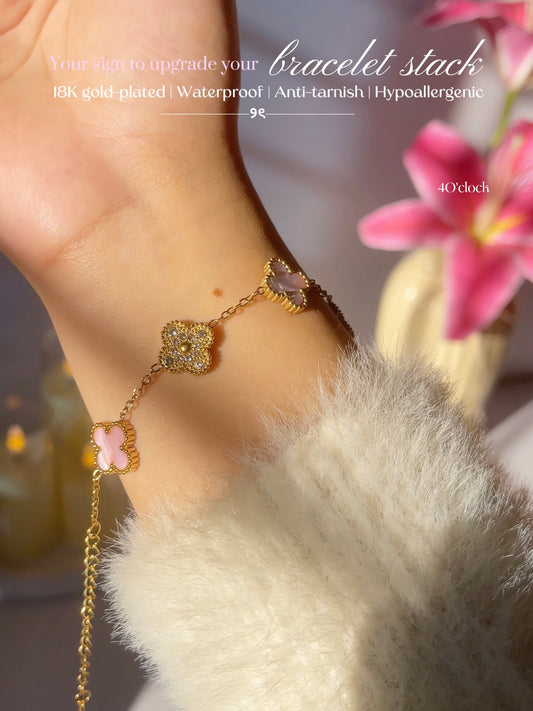 B84: 18k Gold Plated Stainless Steel Minimalist Bracelet: Golden Colorful Pink Clover