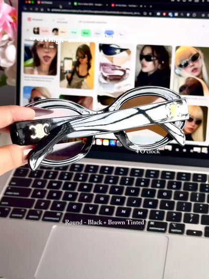 S15: Pinteresty High-End Brand Dupe Round Sunglasses - Black + Brown tinted (with box)
