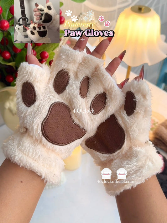 Cat Paw Plush Hand Gloves: Beige