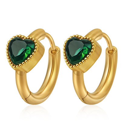 GE42: 18K Gold Plated Premium Stainless Steel Zircon Earrings: Green Heart Diamond
