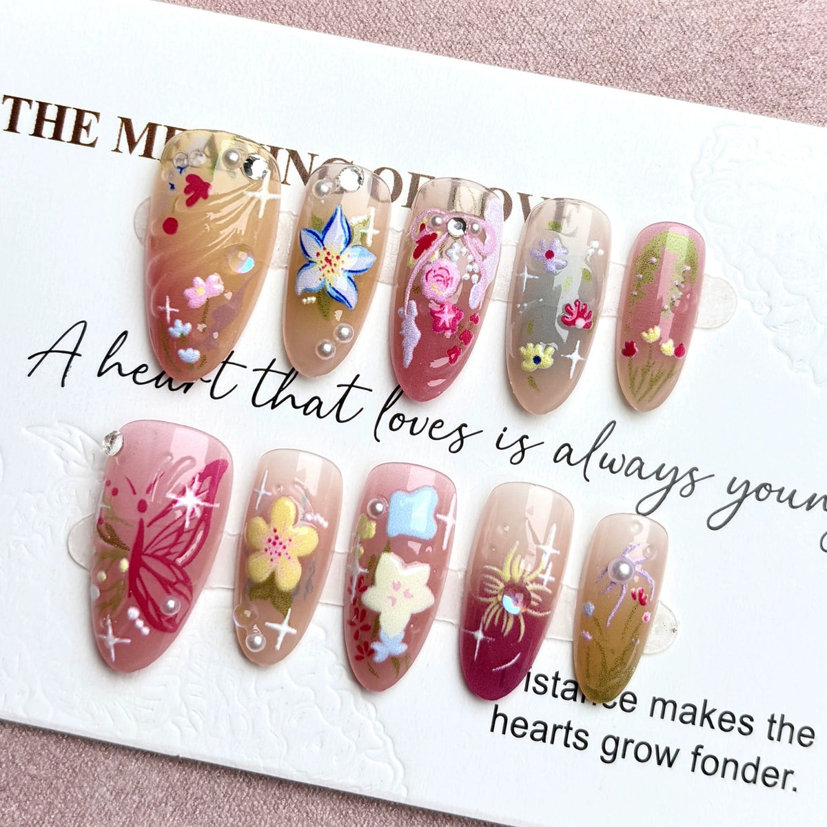 N17: Press On Nails: Spring Garden. Size XS (10 Pcs) - With 12pcs FREE glue stickers.