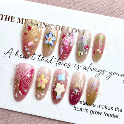 N17: Press On Nails: Spring Garden. Size XS (10 Pcs) - With 12pcs FREE glue stickers.