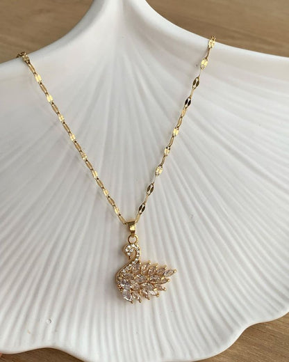 P08: 18k Gold Plated Stainless Steel Minimalist Necklace: Golden White Swan