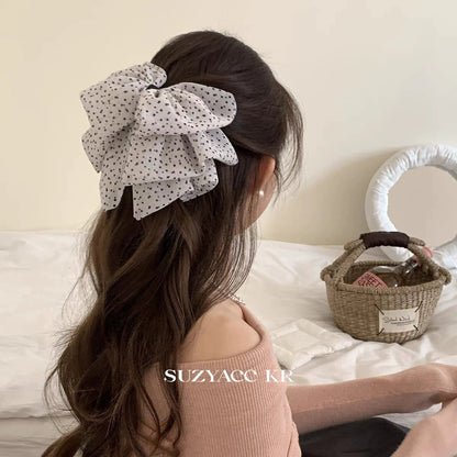 Polka Dot Fabric Bow Hair Claw Clip: White