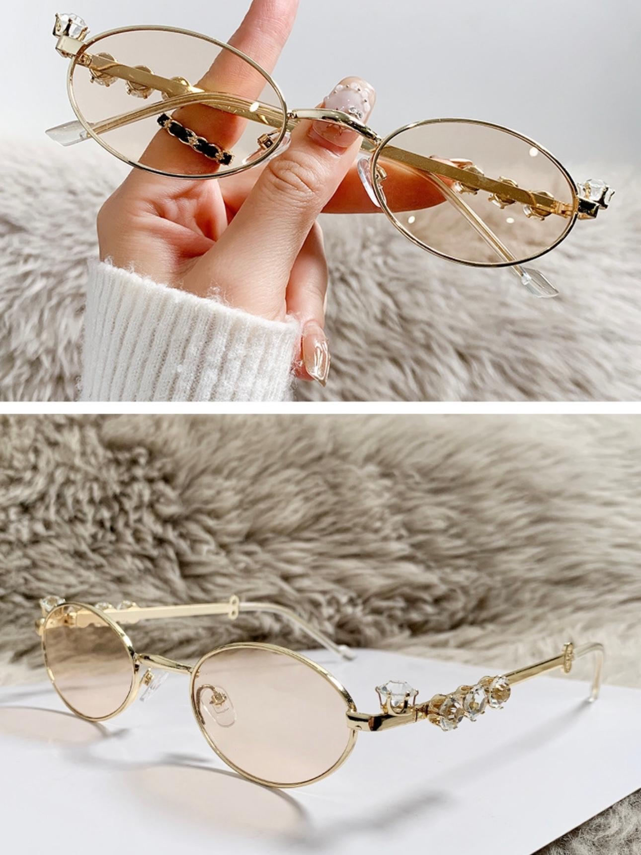 S35: Pinteresty Y2K Diamond Metal Oval Sunglasses - Light Brown + Golden (with box)