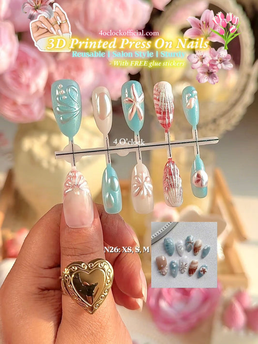 N26: Press On Nails: Ocean Wave. Size M (10 Pcs) - With 12pcs FREE glue stickers.
