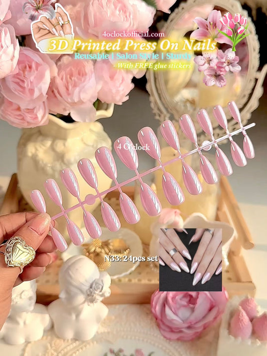 N33: Press On Nails: Pink Cyber Chic (24 Pcs) - With FREE glue stickers.