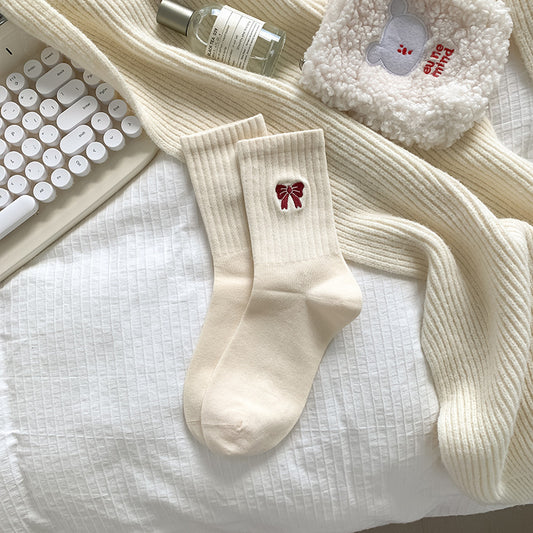 Vintage White Socks: Maroon Bow