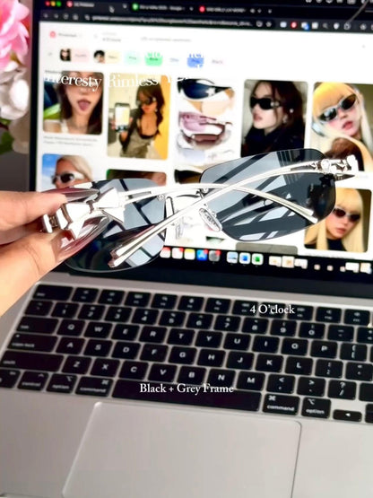 S16: Pinteresty Rimless Y2K Bow sunglasses: Black + Grey (with box)