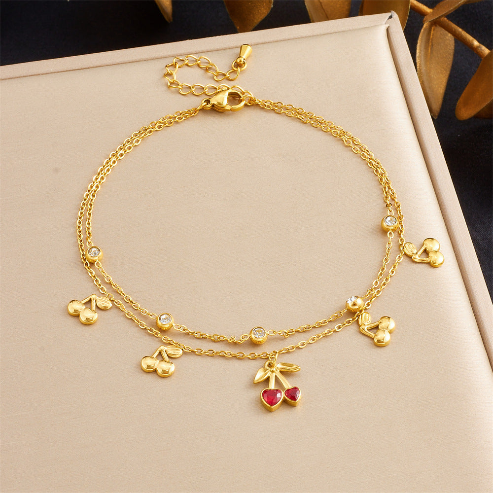 A79: 18K Gold Plated Stainless Steel Minimalist Anklet: Red Cherry