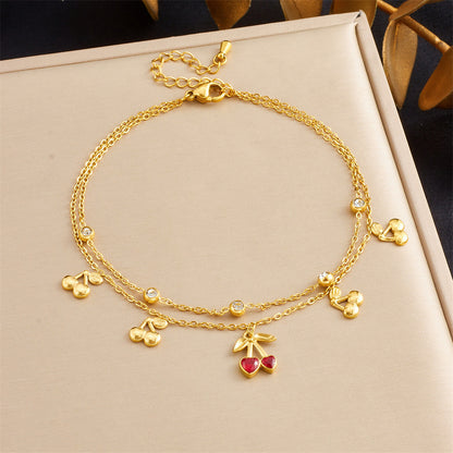 A79: 18K Gold Plated Stainless Steel Minimalist Anklet: Red Cherry