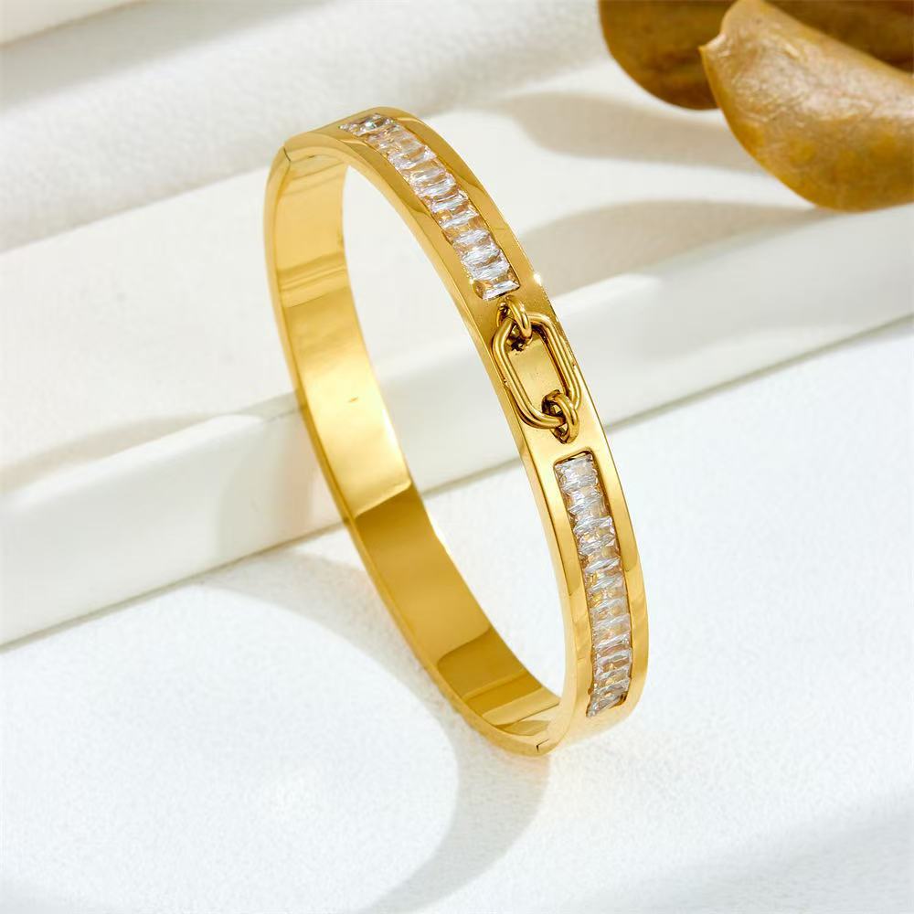 CB10: 18k Gold Plated Premium Stainless Steel Cuff Bangles: Stacked White Stone