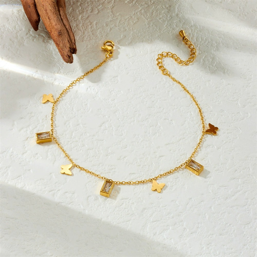 A80: 18K Gold Plated Stainless Steel Minimalist Anklet: Cubic Butterfly