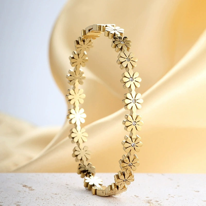 CB05: 18k Gold Plated Premium Stainless Steel Cuff Bangles: Daisy Dream