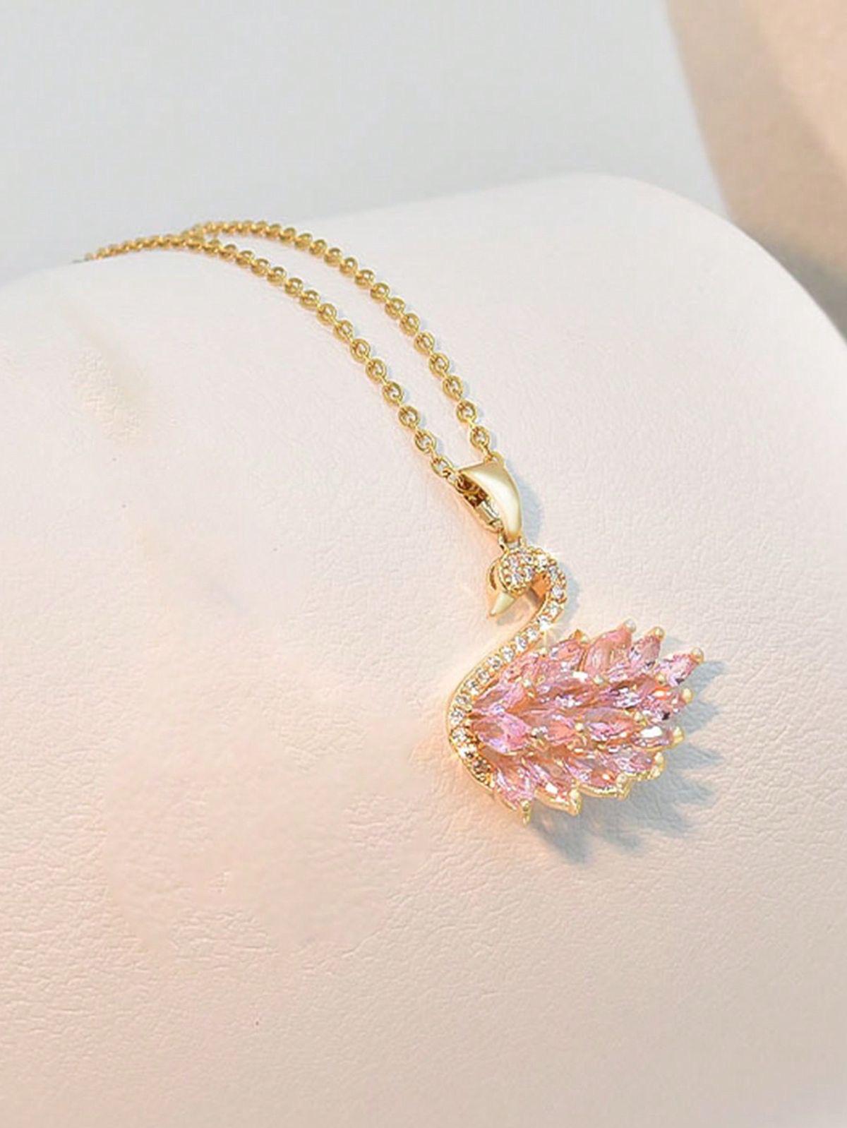 P07: 18k Gold Plated Stainless Steel Minimalist Necklace: Golden Pink Swan