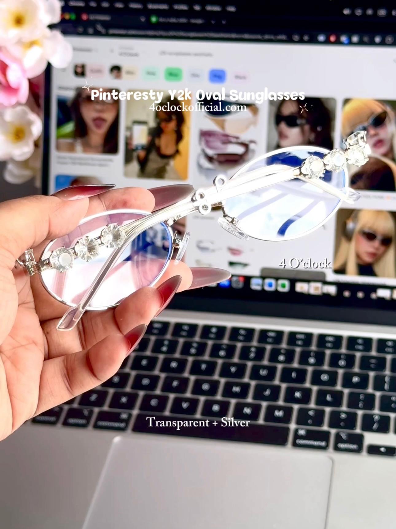 S38: Pinteresty Y2K Diamond Metal Oval Sunglasses - Transparent + Silver (with box)