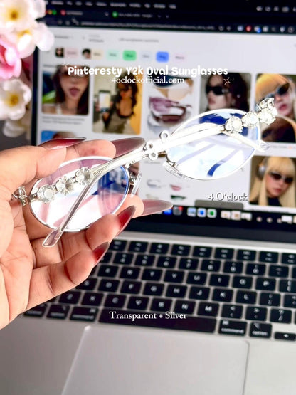 S38: Pinteresty Y2K Diamond Metal Oval Sunglasses - Transparent + Silver (with box)