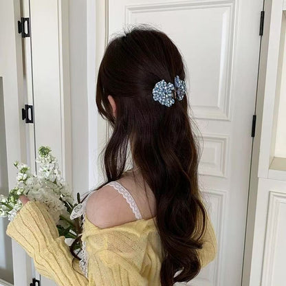 Gingham Flower Hairclaws: Blue
