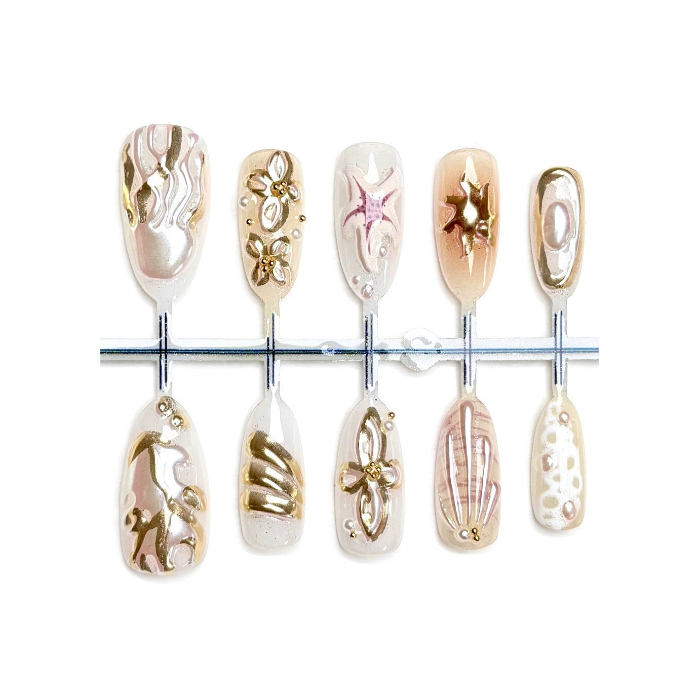 N19: Press On Nails: Pearl Gold Drip. Size XS (10 Pcs) - With 12pcs FREE glue stickers.