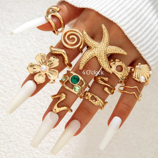 ✨RS74: Maximalistic Finger Ring Sets (Golden) - 12pcs (Full set adjustable)