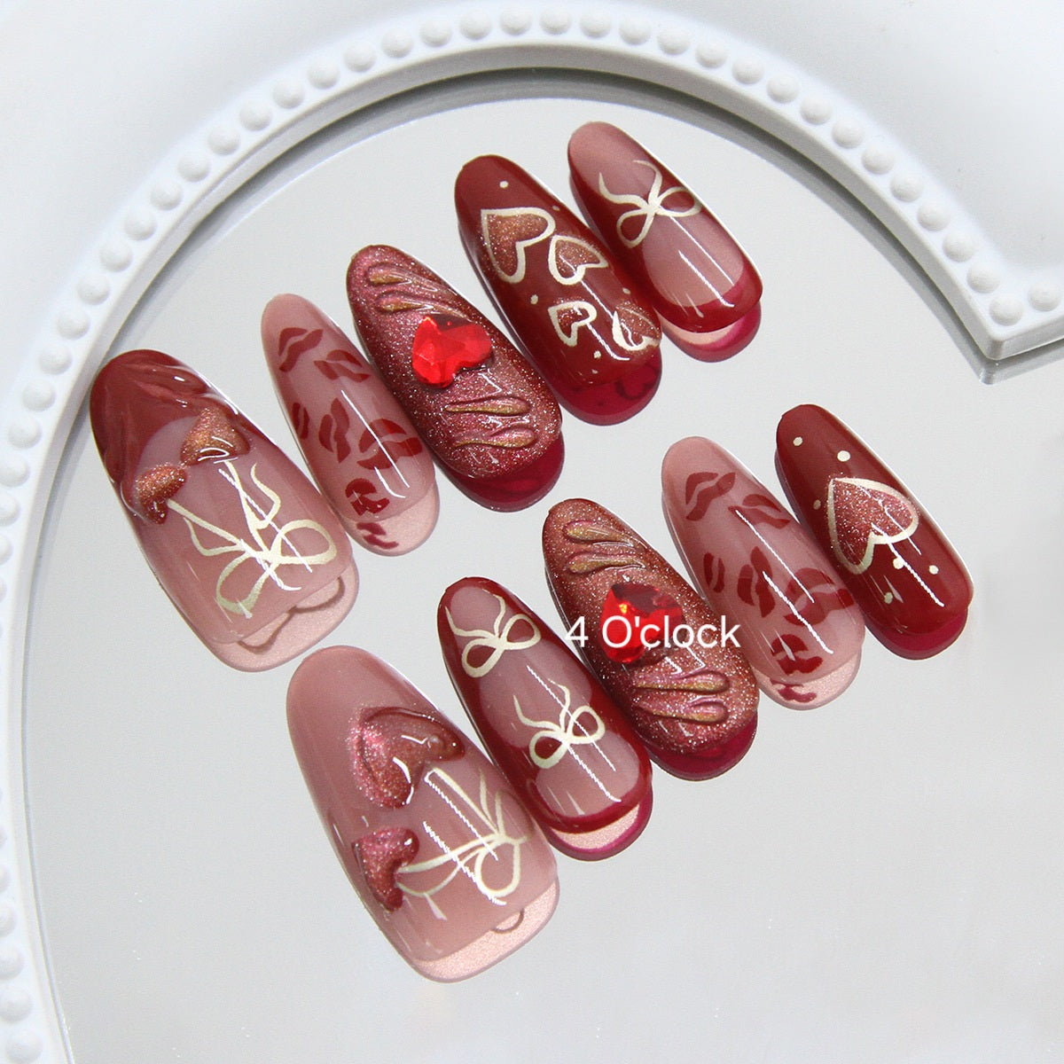 N01: Press On Nails: Red Cherry Heart. Size M (10 Pcs) - With 12pcs FREE glue stickers.