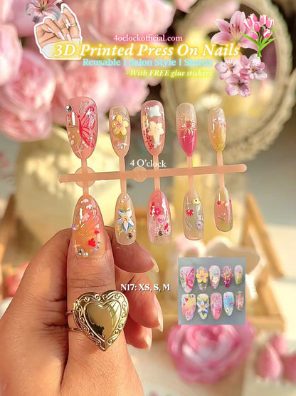 N17: Press On Nails: Spring Garden. Size XS (10 Pcs) - With 12pcs FREE glue stickers.
