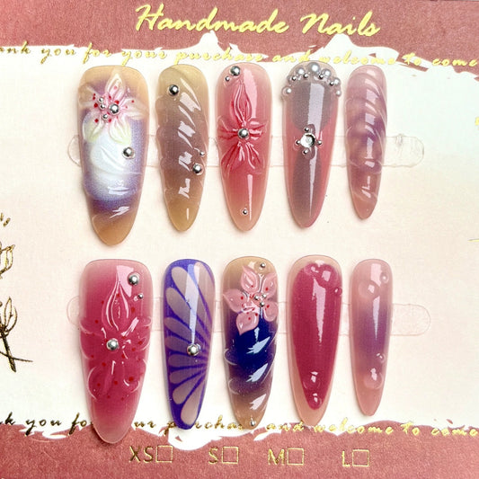 N28: Press On Nails: Floral Confetti. Size XS (10 Pcs) - With 12pcs FREE glue stickers.