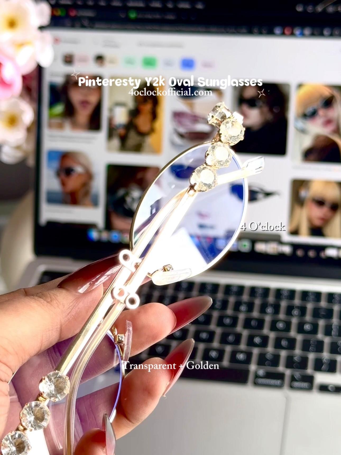 S37: Pinteresty Y2K Diamond Metal Oval Sunglasses - Transparent + Golden (with box)