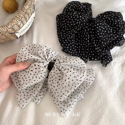 Polka Dot Fabric Bow Hair Claw Clip: White