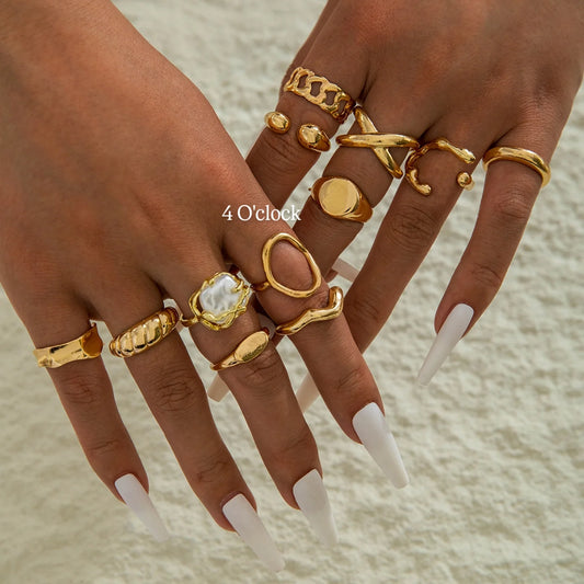 ✨RS52: Maximalistic Finger Ring Sets (Golden) - 12pcs (Adjustable-Non adjustable mixed sizes)