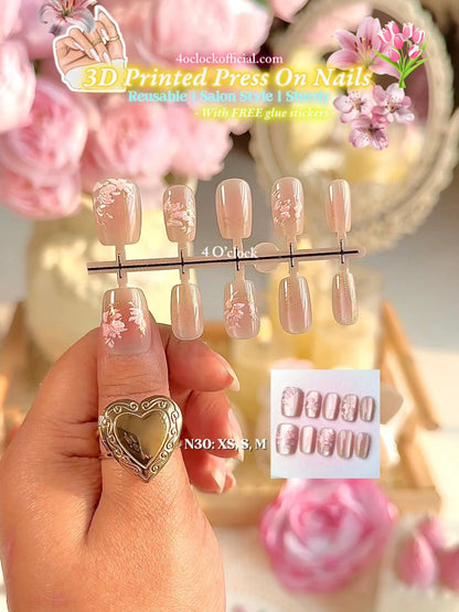 N30: Press On Nails: Sakura Empress. Size M (10 Pcs) - With 12pcs FREE glue stickers.