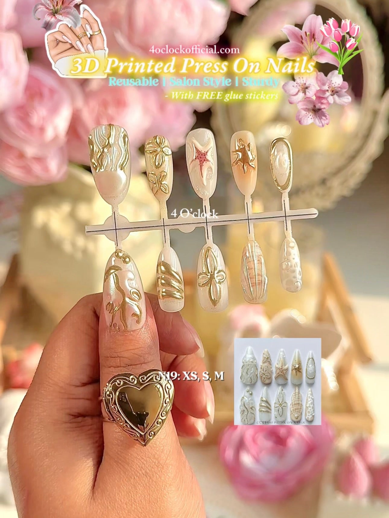N19: Press On Nails: Pearl Gold Drip. Size XS (10 Pcs) - With 12pcs FREE glue stickers.