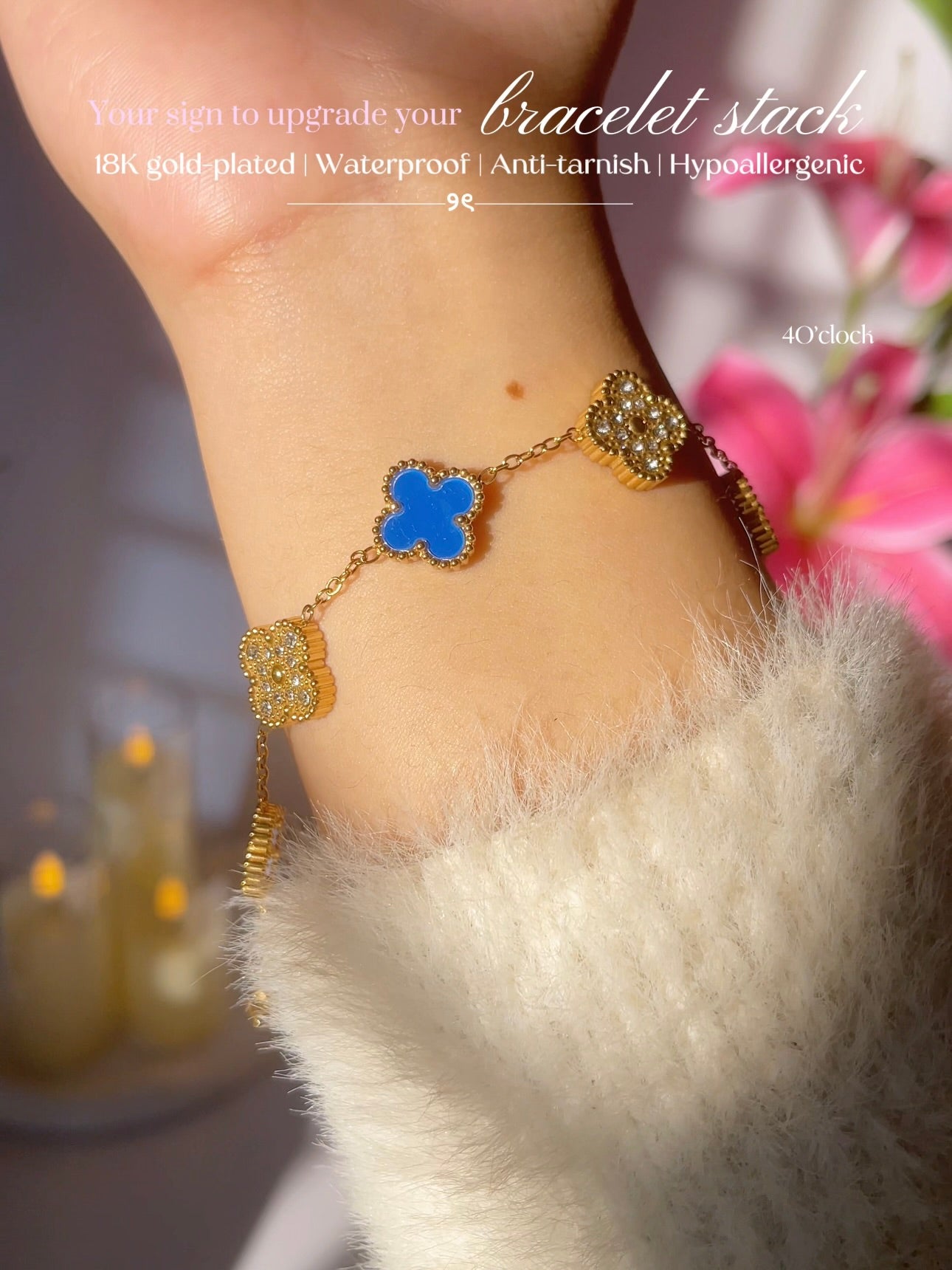 B80: 18k Gold Plated Stainless Steel Minimalist Bracelet: Golden Blue Clover