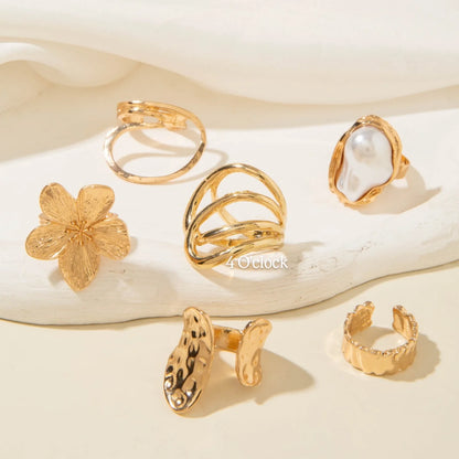 ✨RS82: Maximalistic Finger Ring Sets (Golden) - 6pcs (Adjustable-Non adjustable mixed sizes)