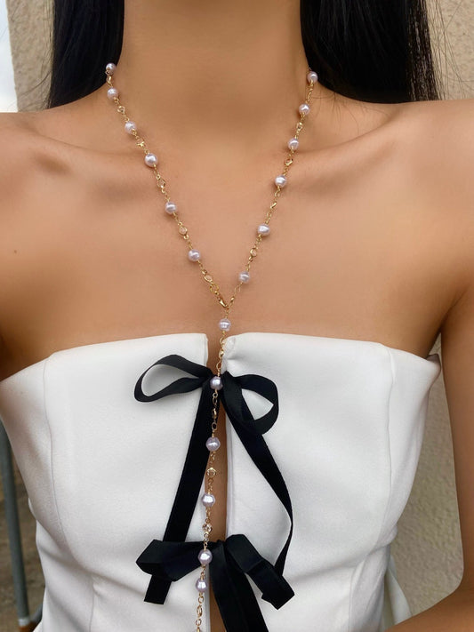 YN12: Y Shape Necklace: White Pearl Golden: 01