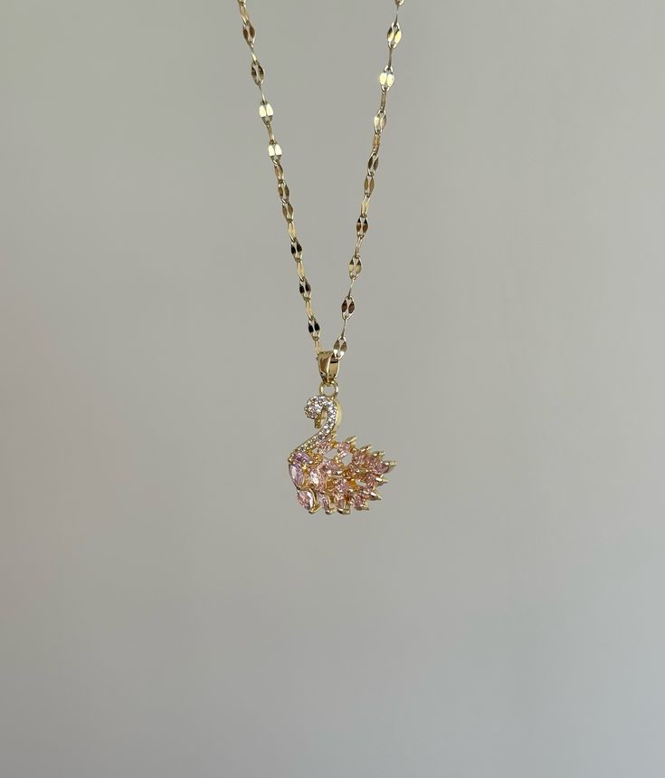 P07: 18k Gold Plated Stainless Steel Minimalist Necklace: Golden Pink Swan