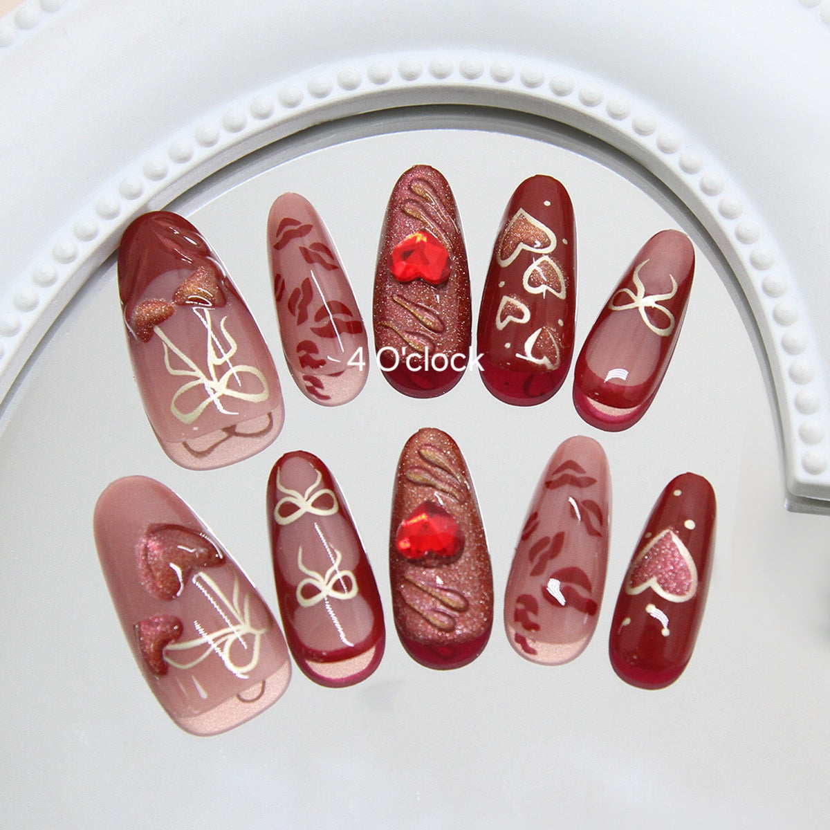 N01: Press On Nails: Red Cherry Heart. Size M (10 Pcs) - With 12pcs FREE glue stickers.
