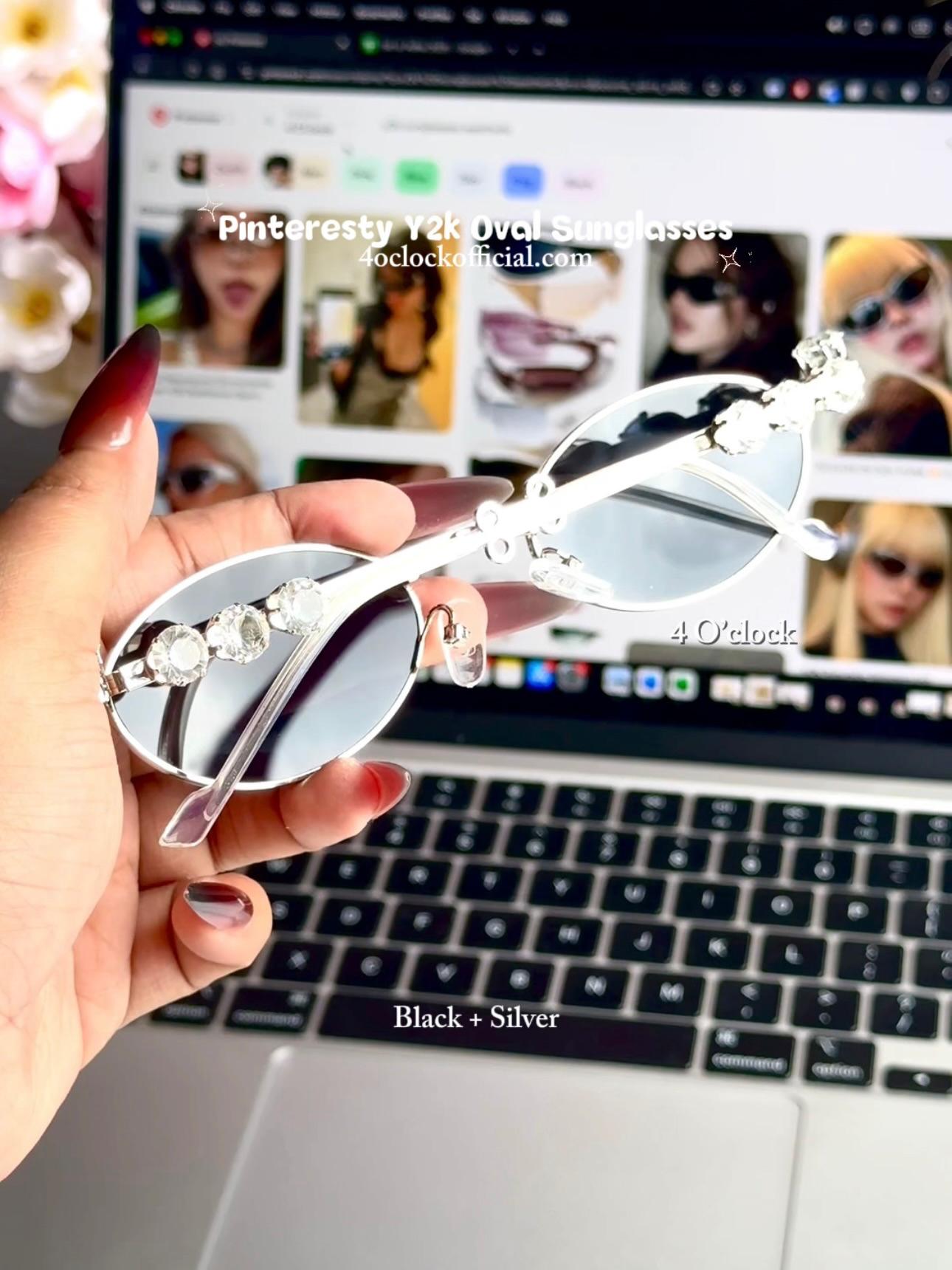 S34: Pinteresty Y2K Diamond Metal Oval Sunglasses - Black + Silver (with box)