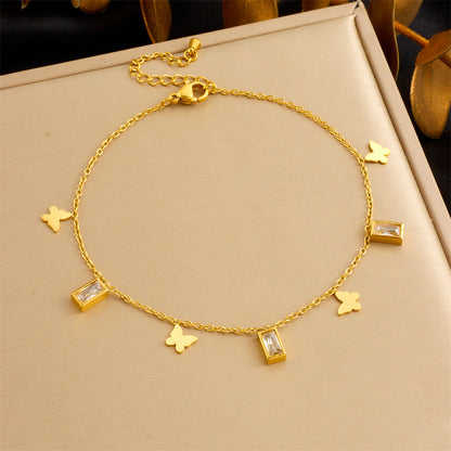 A80: 18K Gold Plated Stainless Steel Minimalist Anklet: Cubic Butterfly