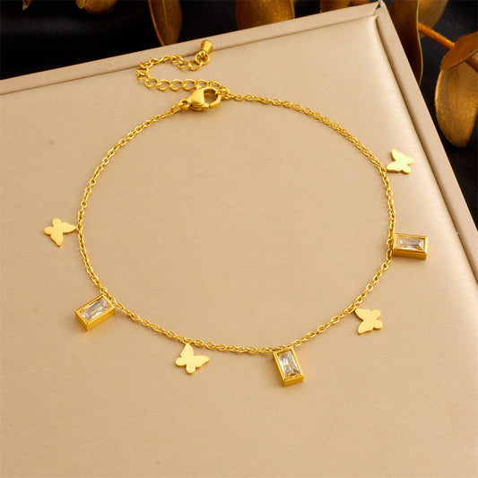 A80: 18K Gold Plated Stainless Steel Minimalist Anklet: Cubic Butterfly