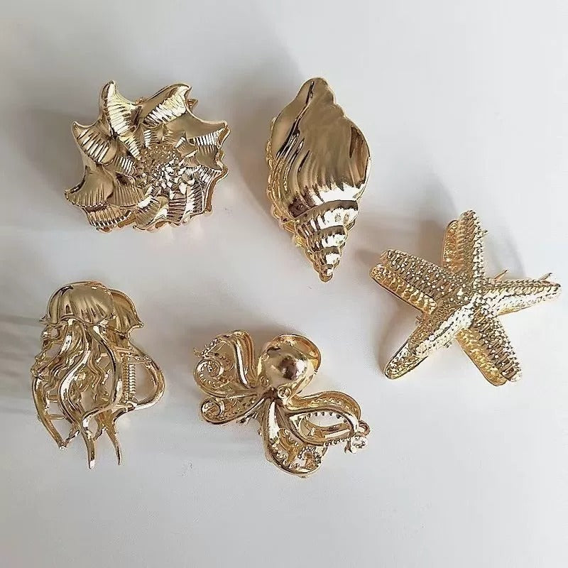 Sea-Themed Metal Hair Claws: Flower Shell (gold)
