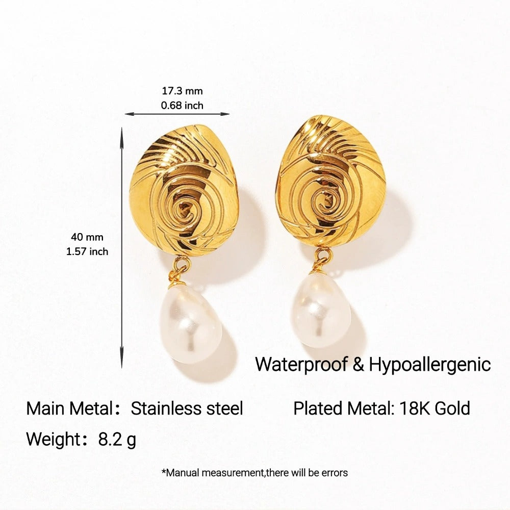 GE30: 18K Gold Plated Premium Stainless Steel Statement Earrings: Spiral Pearl