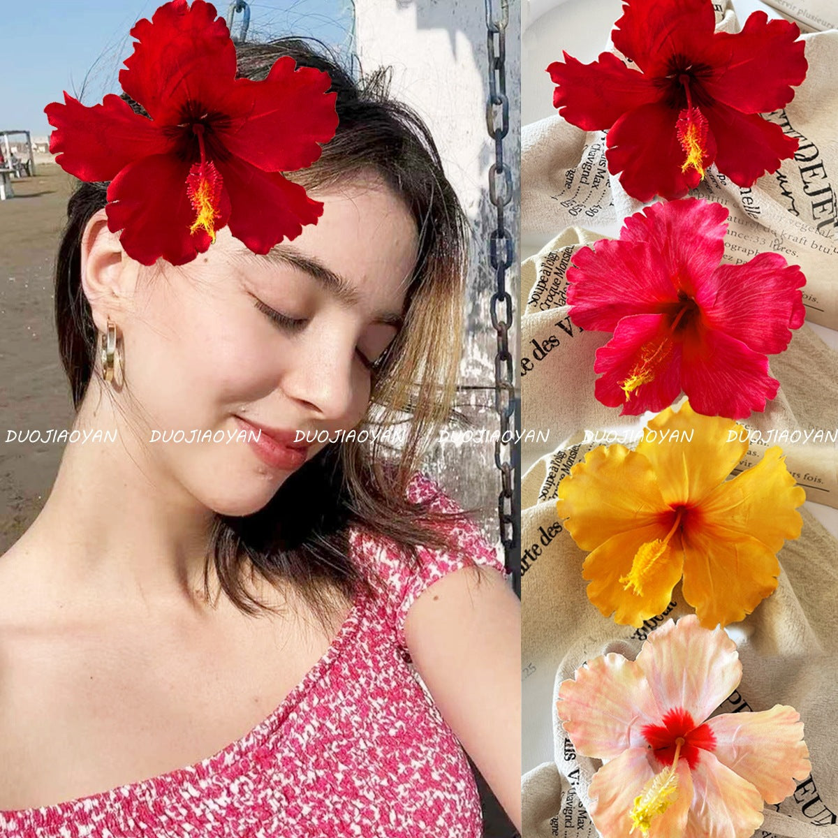 Hibiscus Flower Side Hair Clip: Champagne