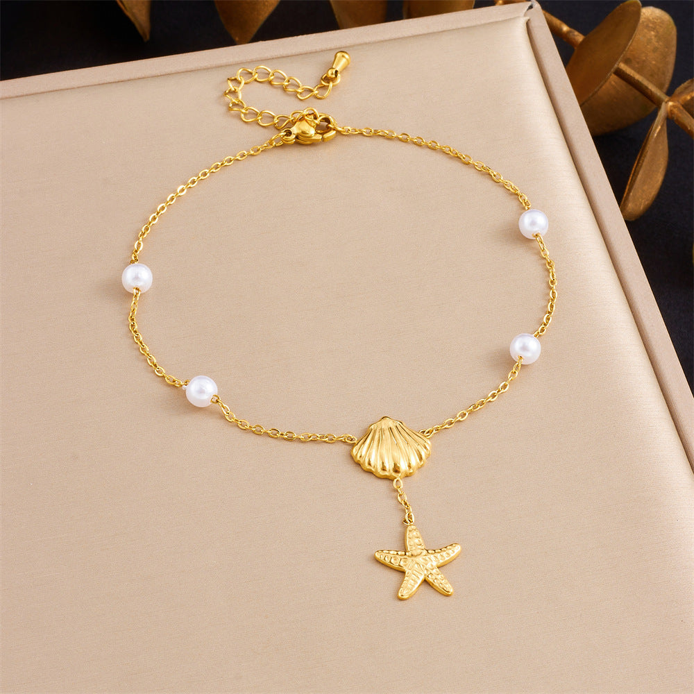 A72: 18K Gold Plated Stainless Steel Minimalist Anklet: Seashell Starfish Tassel