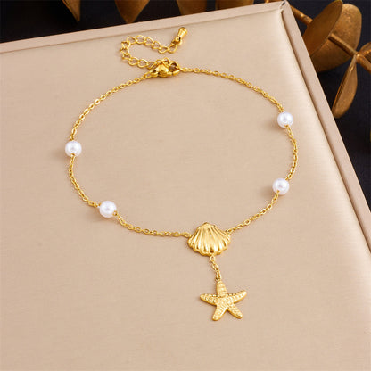 A72: 18K Gold Plated Stainless Steel Minimalist Anklet: Seashell Starfish Tassel