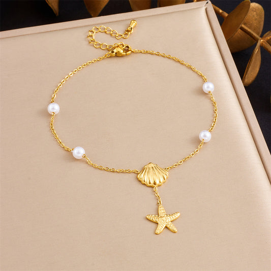 A72: 18K Gold Plated Stainless Steel Minimalist Anklet: Seashell Starfish Tassel