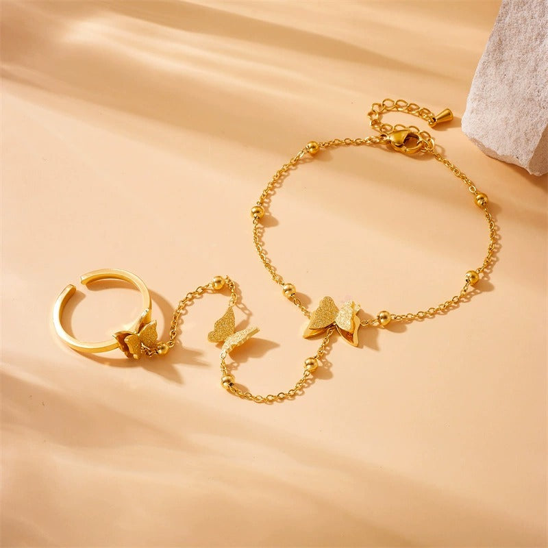 RB17: Stainless Steel Zircon Handchain: Triple Butterfly