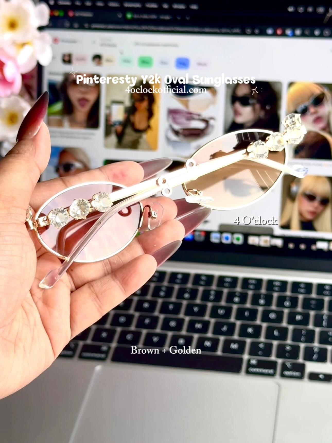 S36: Pinteresty Y2K Diamond Metal Oval Sunglasses - Brown + Golden (with box)